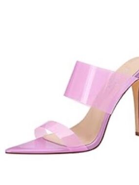 Vivianly Pink Clear Strap Pointed Toe High Heel Mule